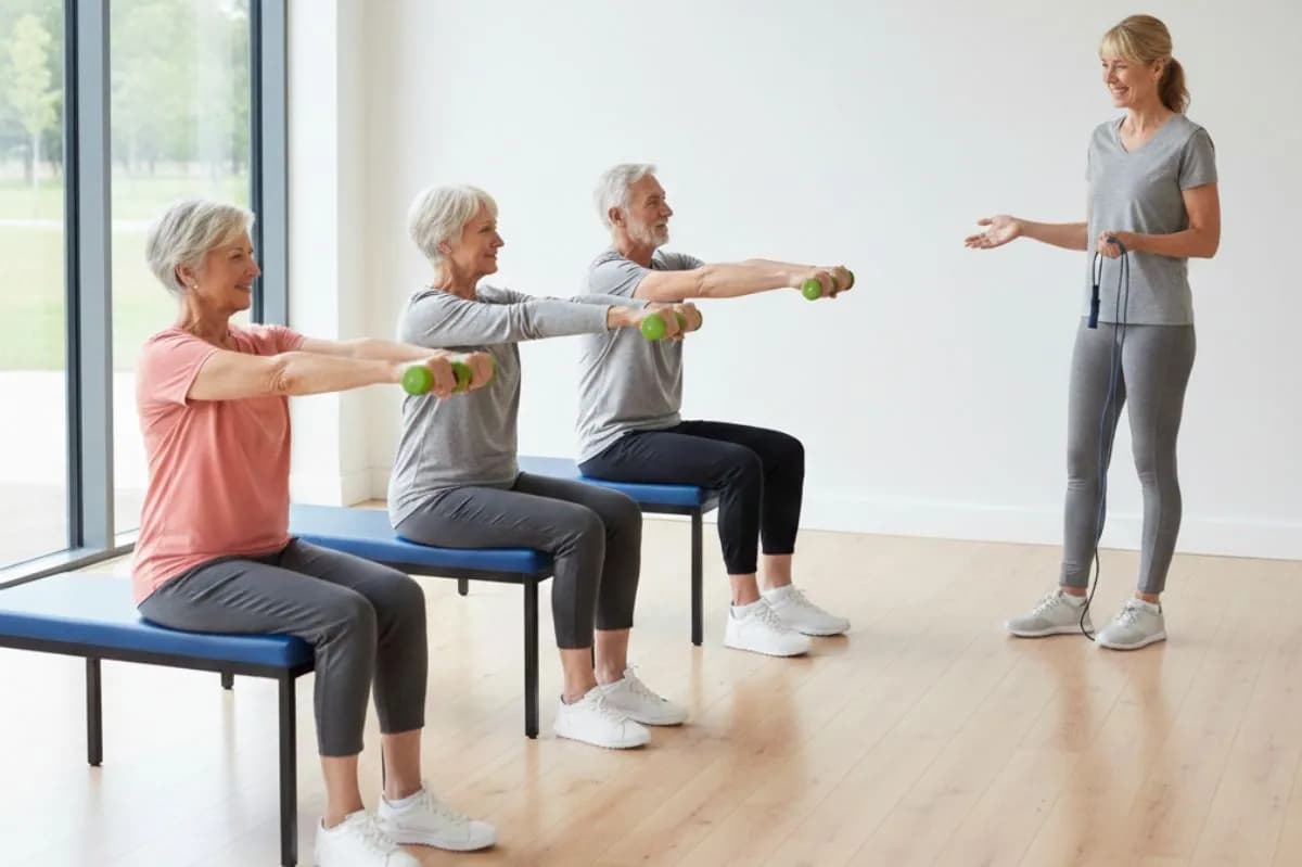 Older adults doing seated dumbbell exercises with an instructor