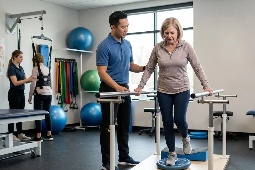 Older woman practising balance at parallel bars with a physiotherapist