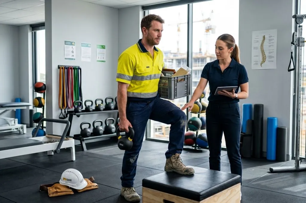 Worker in hi-vis practising a lifting exercise with a physiotherapist in a rehab gym